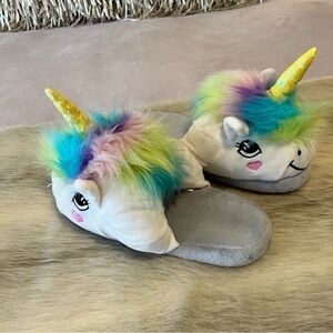 UNICORN Plush Slippers Rainbow Puffy Novelty Smiling Comfy Cozy Cute 7 8 White